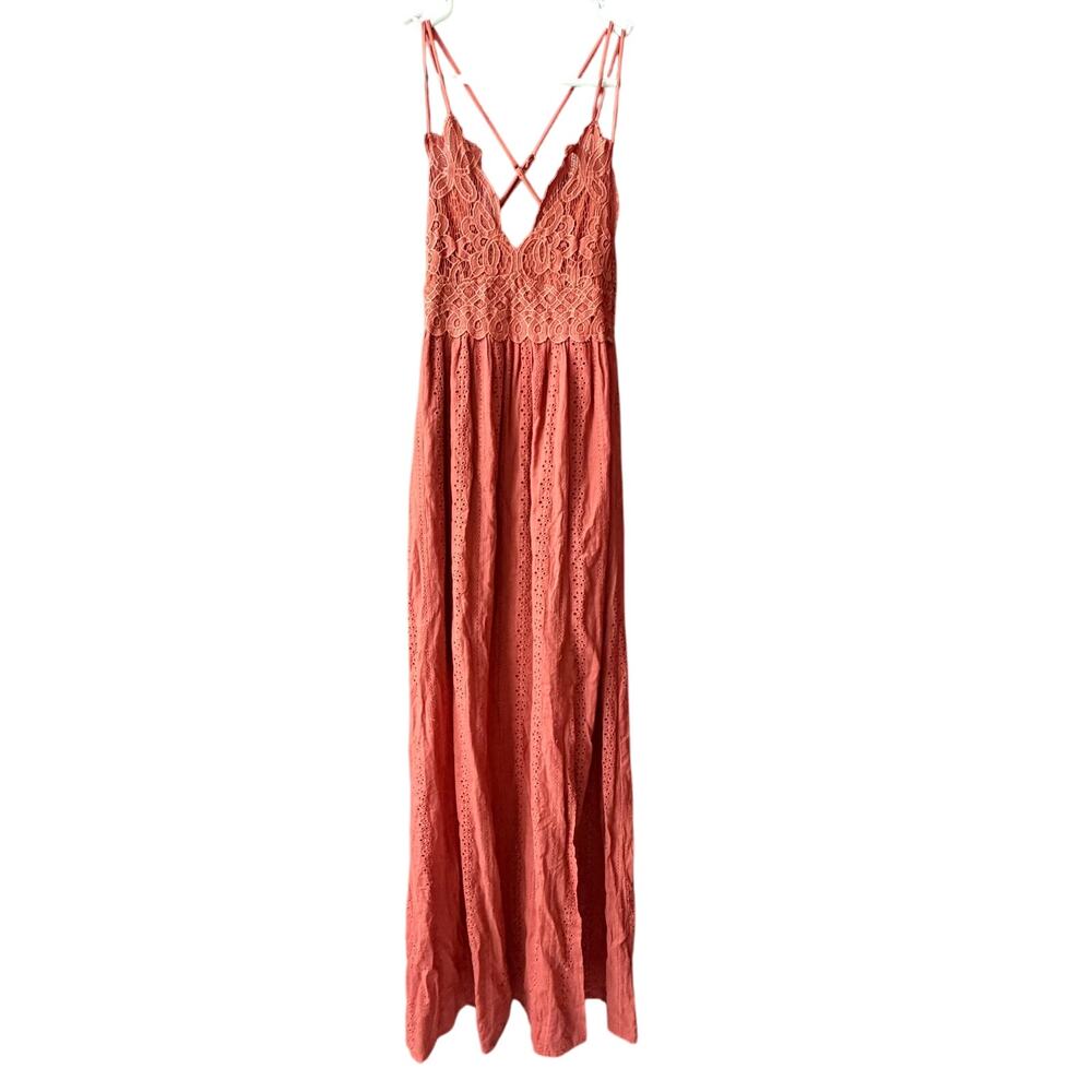 Chrysanthemum Burnt Orange Maxi Dress Size‎ M Spaghetti Straps Lace Boho Flowy